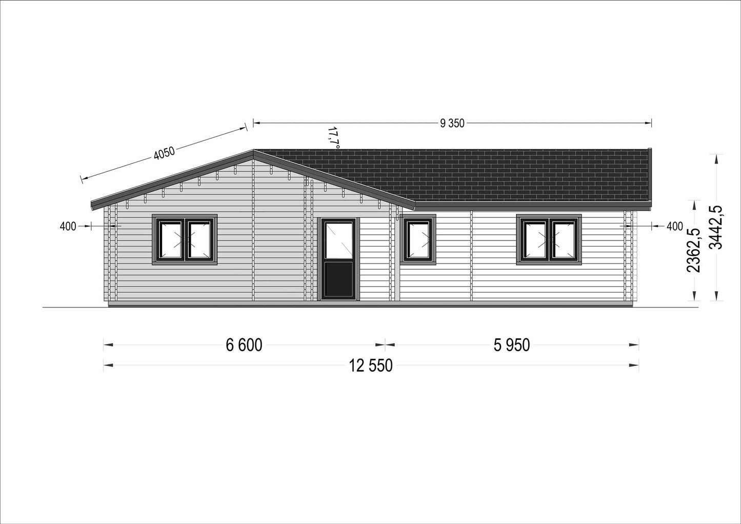 plano frontal casa de madera ABDE