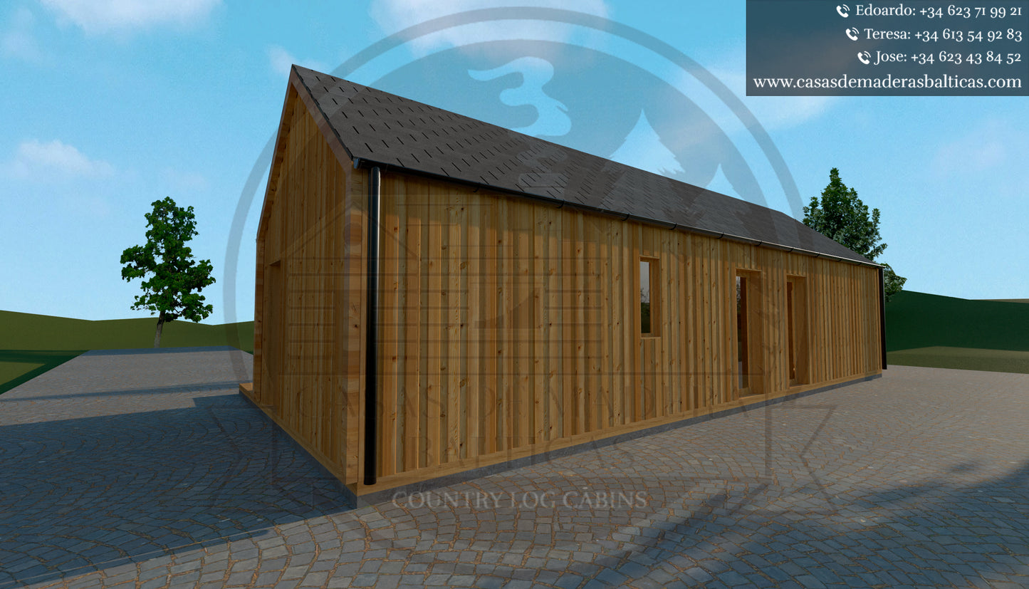 casa de madera ALADÍN frontal y lateral izquierdo