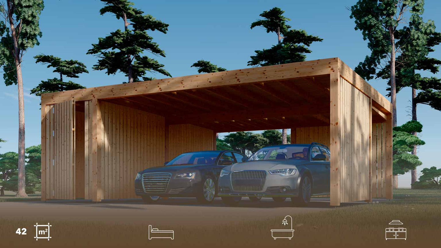 Garaje de madera prefabricado PÉRGOLA DOBLE MOON PLUS TP frontal y lateral derecho