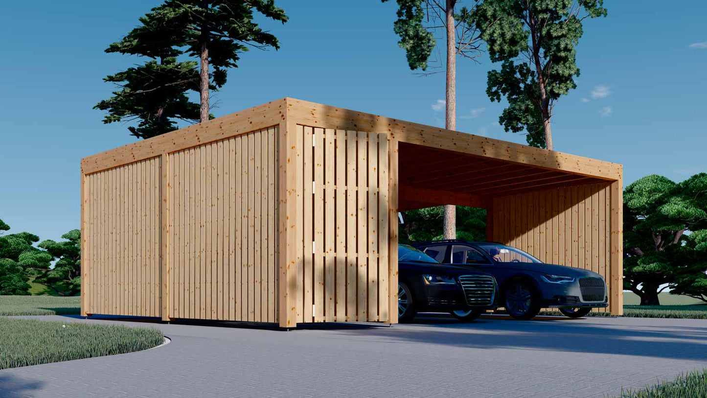 Garaje de madera prefabricado PÉRGOLA DOBLE MOON PLUS TP frontal y lateral izquierdo