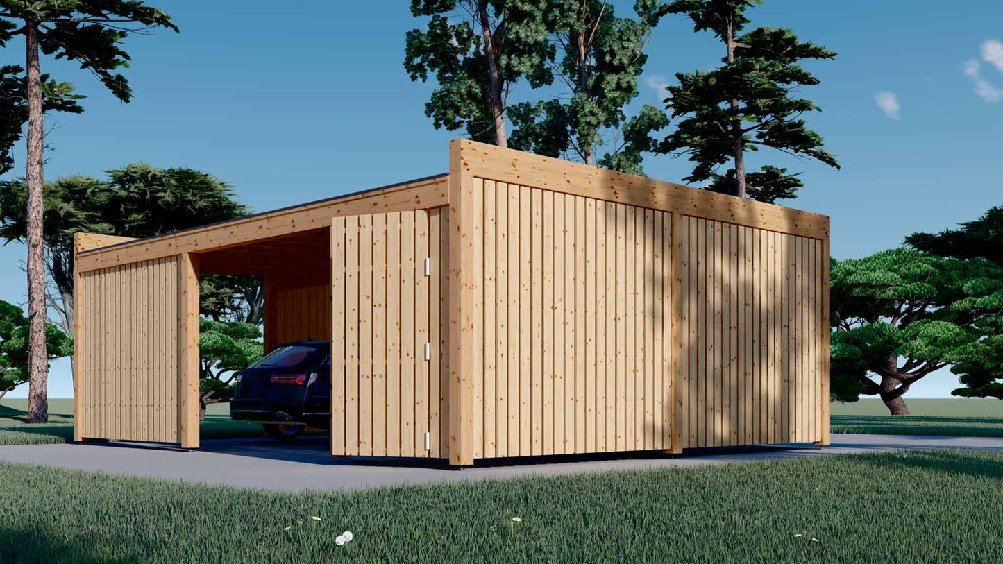 Garaje de madera prefabricado PÉRGOLA DOBLE MOON PLUS TP trasero y lateral izquierdo