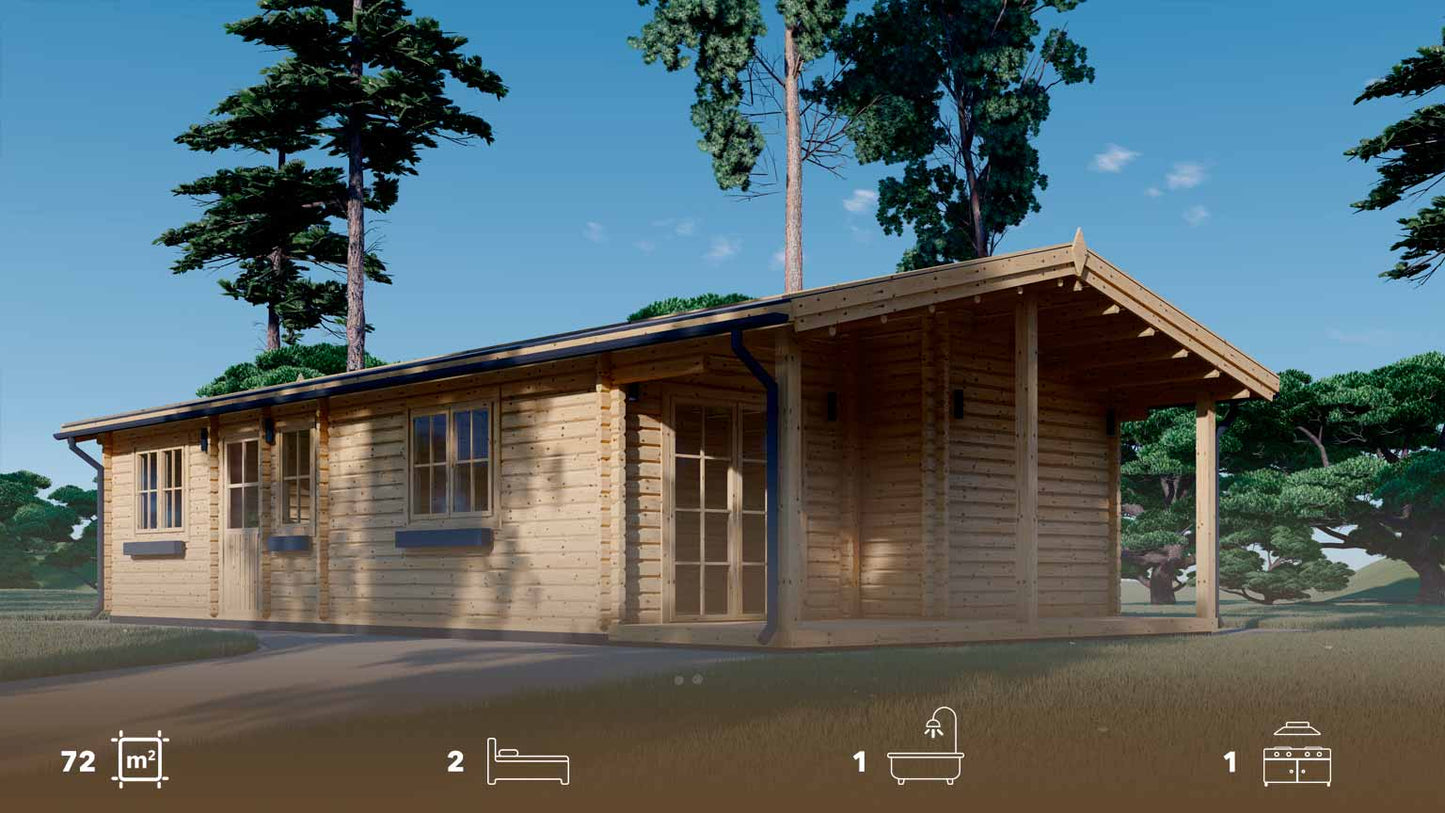 casa de madera HARVEY frontal y lateral derecho