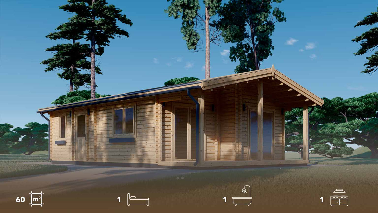 casa de madera KAISER frontal y lateral derecho