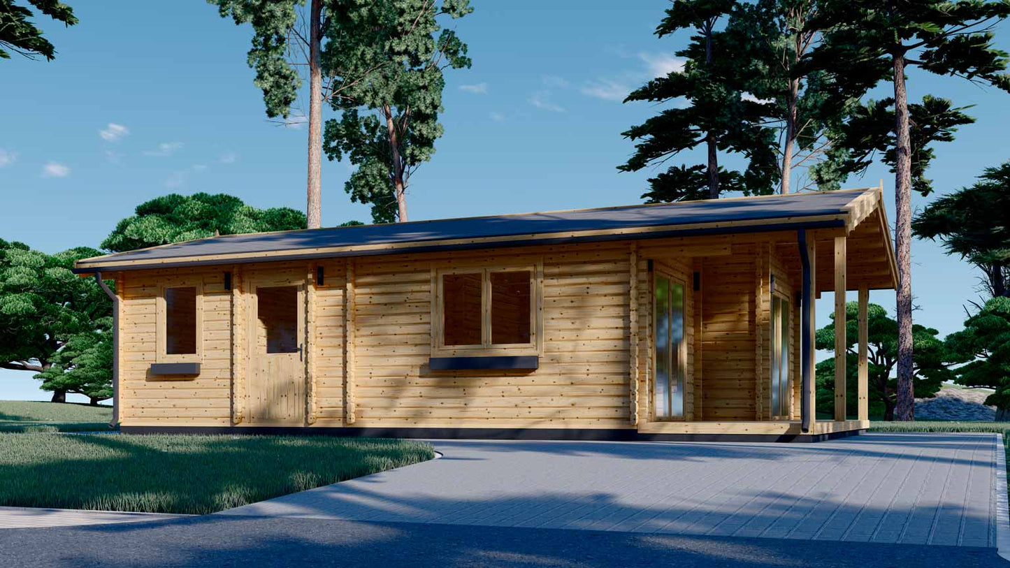 casa de madera KAISER frontal y lateral derecho