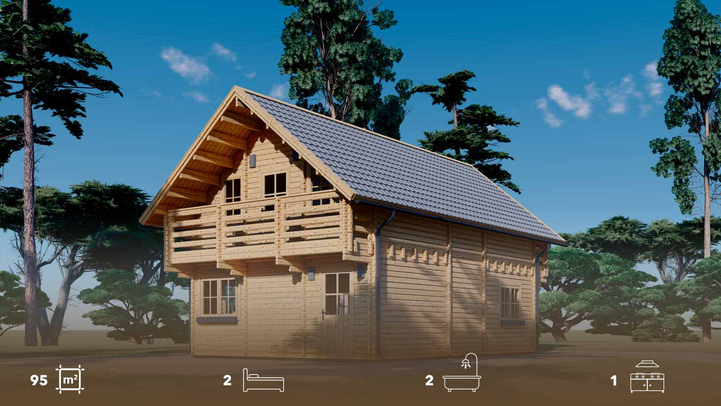 casa de madera LAGOS frontal y lateral derecho