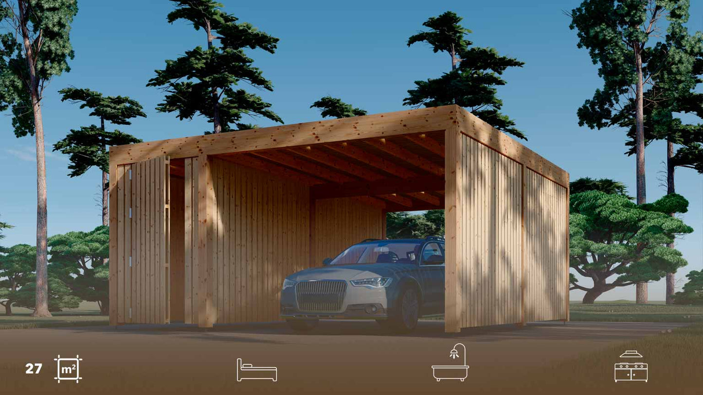 Garaje de madera prefabricado PÉRGOLA MOON PLUS TP frontal y lateral derecho