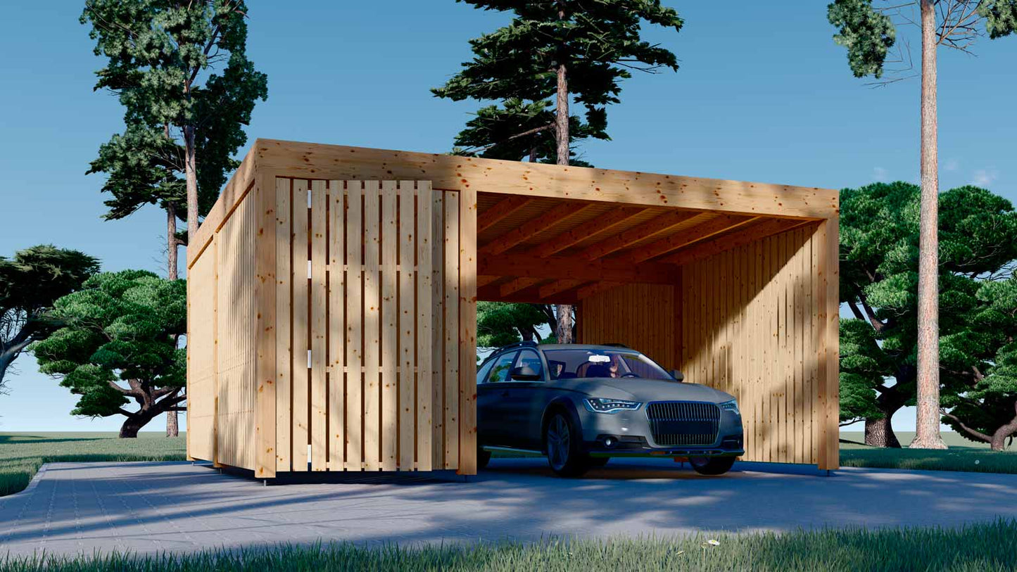 Garaje de madera prefabricado PÉRGOLA MOON PLUS TP frontal y lateral izquierdo