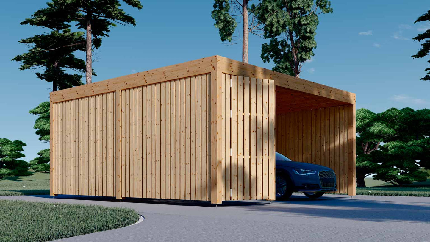 Garaje de madera prefabricado PÉRGOLA MOON PLUS TP lateral izquierdo y frontal