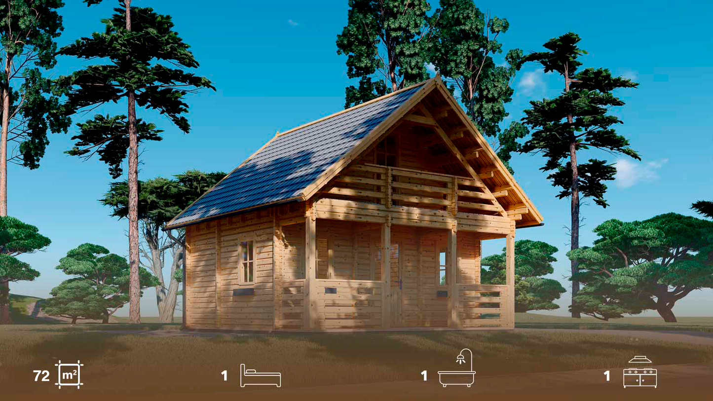 casa de madera NED frontal y lateral izquierdo