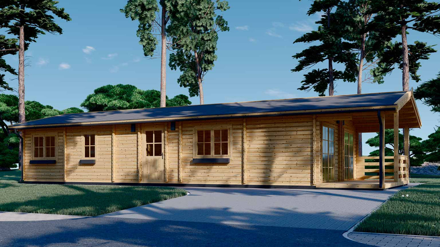 casa de madera NOVA frontal y lateral derecho