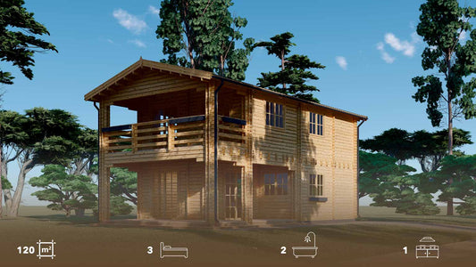 casa de madera TOULALAN frontal y lateral derecho