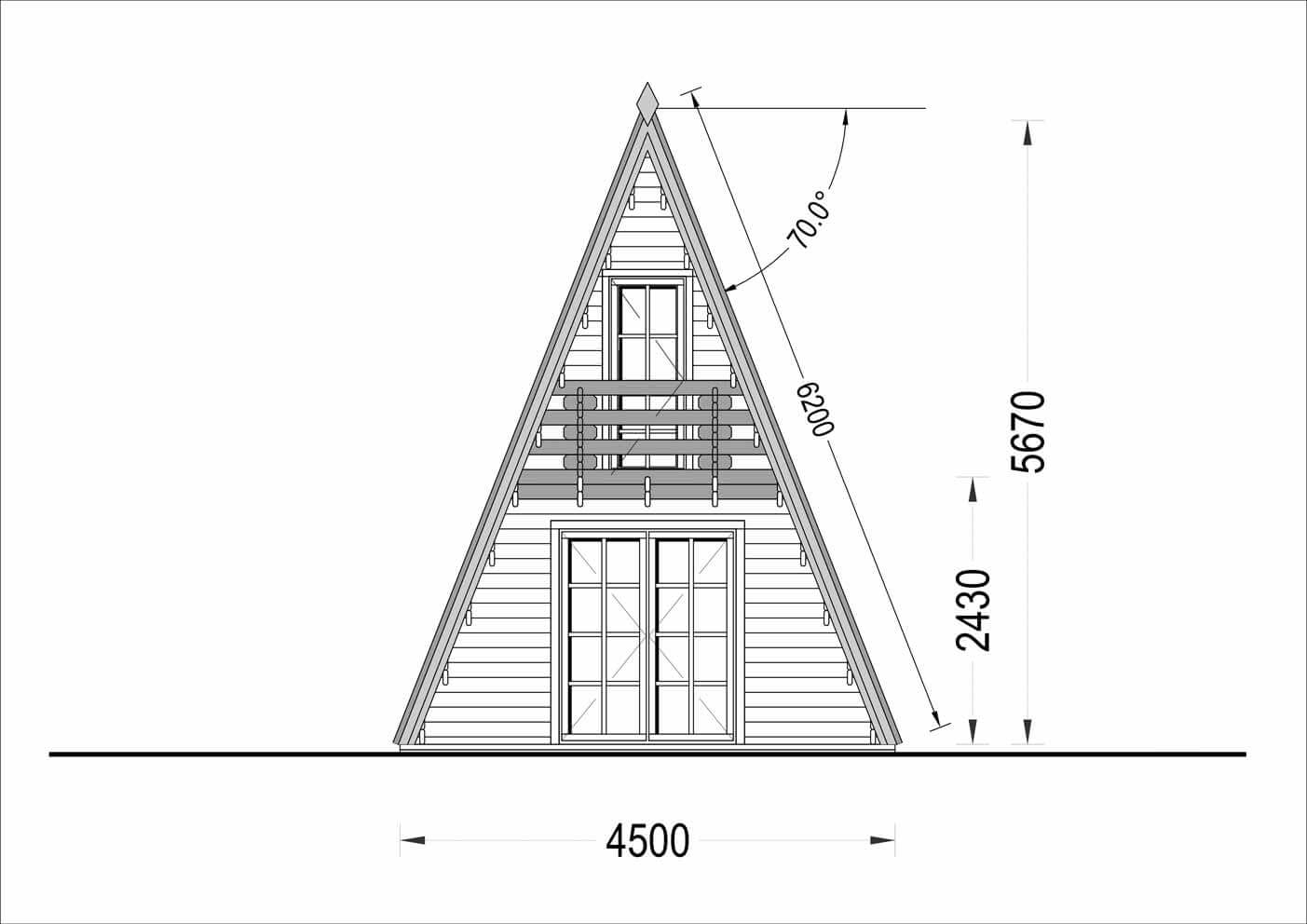 plano frrontal casa de madera INDI