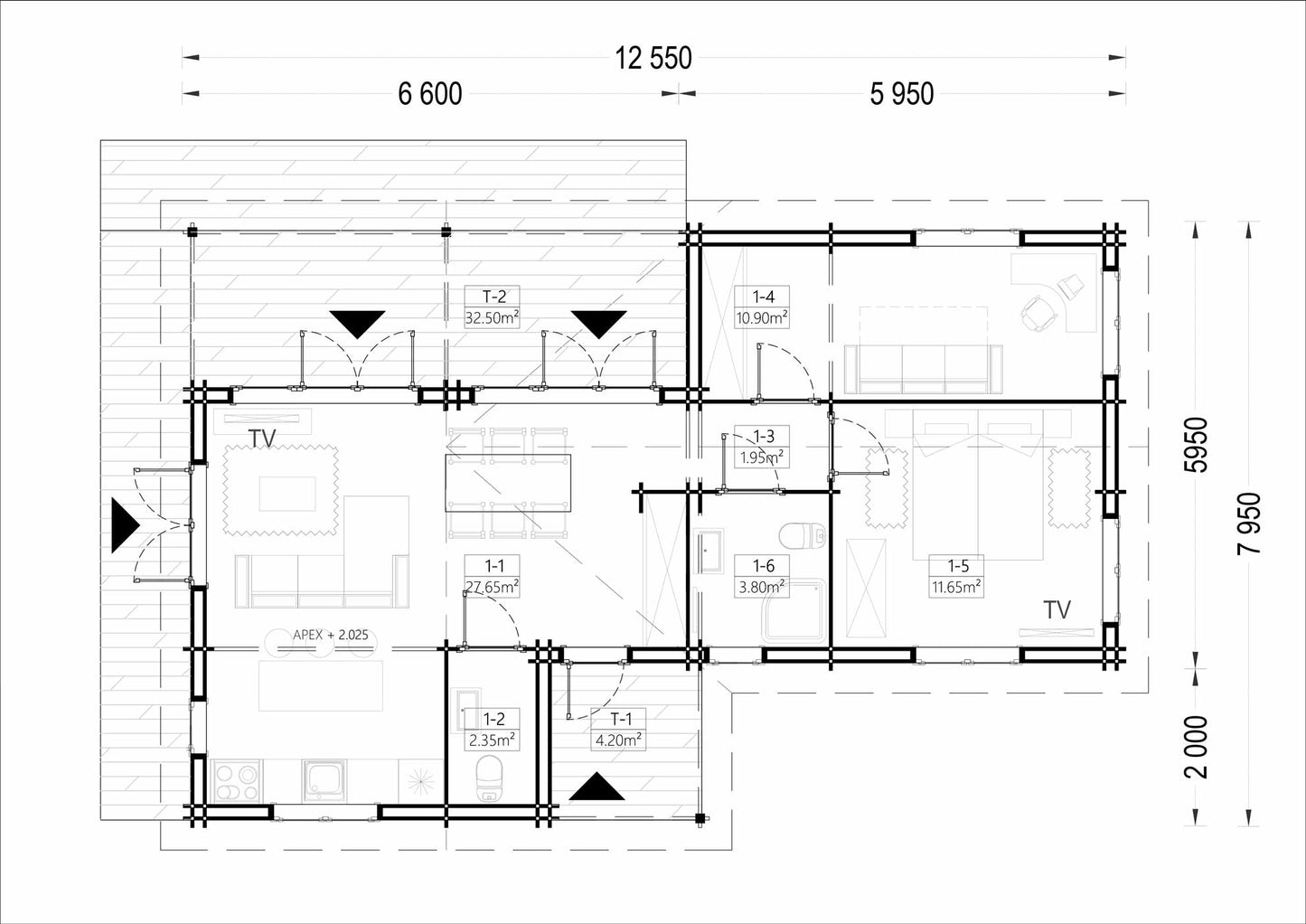 plano planta casa de madera ABDE