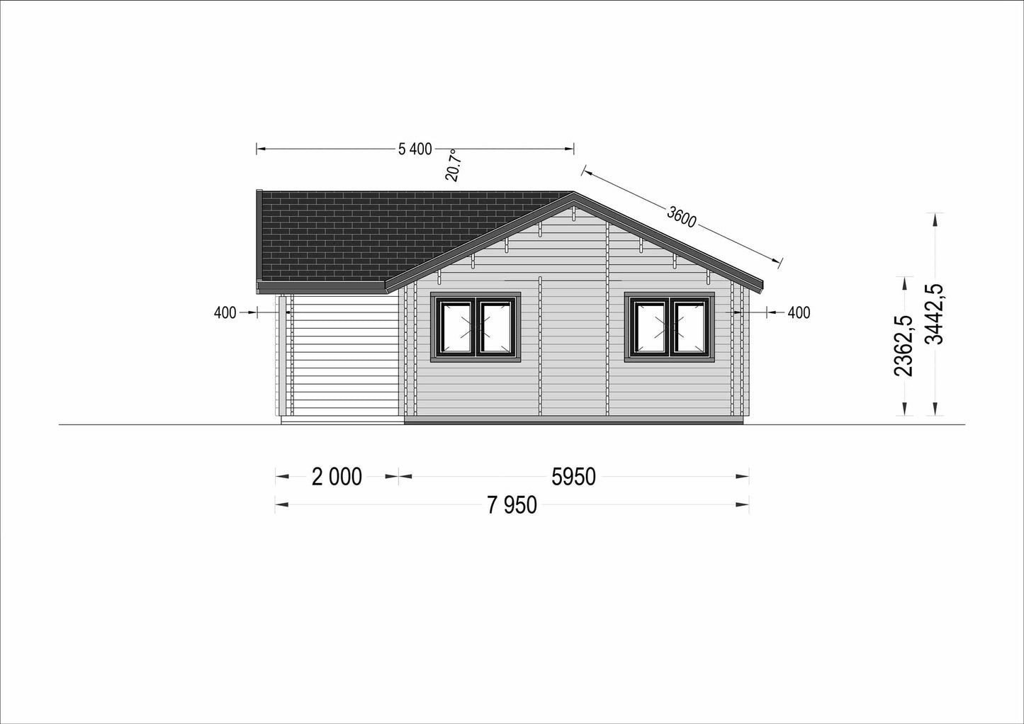 plano lateral izquierdo casa de madera ABDE