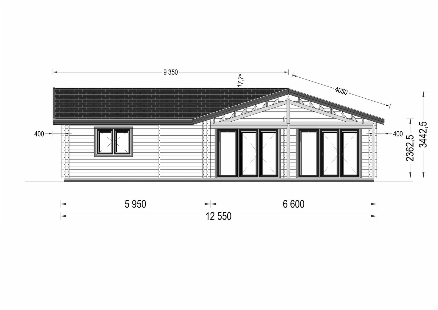 plano trasero casa de madera ABDE